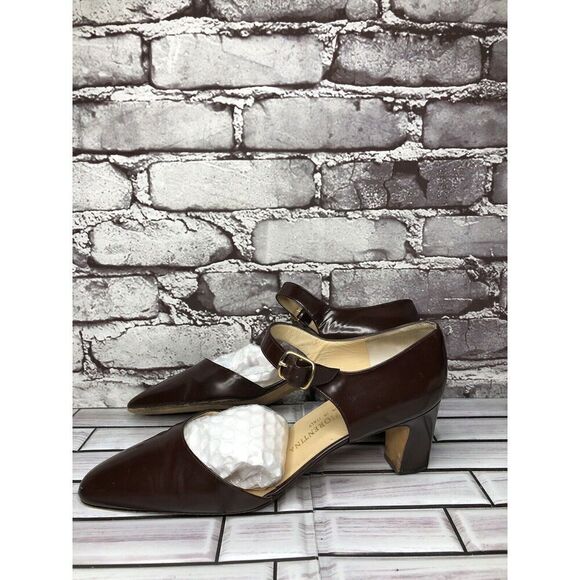 Silvia Florentina Brown Patent Leather Mary Jane Strap Heels Women Sz 9M US/40EU - Picture 1 of 16